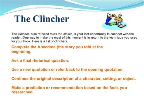 clincher meaning in essay: How does the use of a strong clincher at the end of an essay contribute to its overall impact?